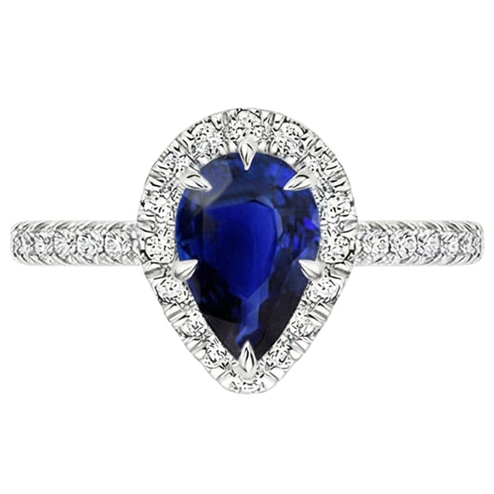 Blue Sapphire Halo Ring Pear Cut & Pave Set Natural Earth Mined Diamond ( Not Lab Grown )s 5.50 Carats