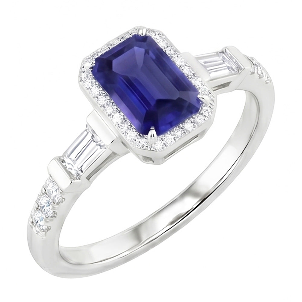 Blue Sapphire Halo Ring With Baguette & Round Natural Earth Mined Diamond ( Not Lab Grown )s 1.50 Carats