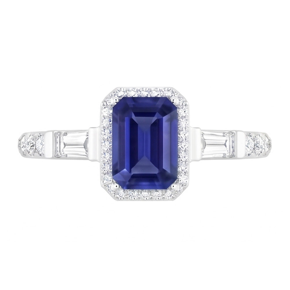 Blue Sapphire Halo Ring With Baguette & Round Natural Earth Mined Diamond ( Not Lab Grown )s 1.50 Carats