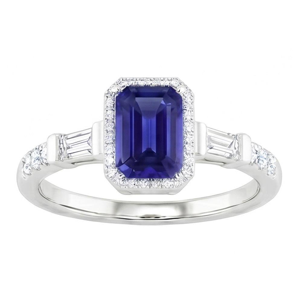 Blue Sapphire Halo Ring With Baguette & Round Natural Earth Mined Diamond ( Not Lab Grown )s 1.50 Carats