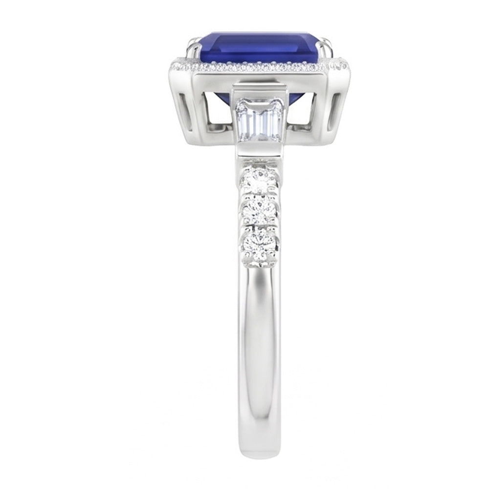 Blue Sapphire Halo Ring With Baguette & Round Natural Earth Mined Diamond ( Not Lab Grown )s 1.50 Carats