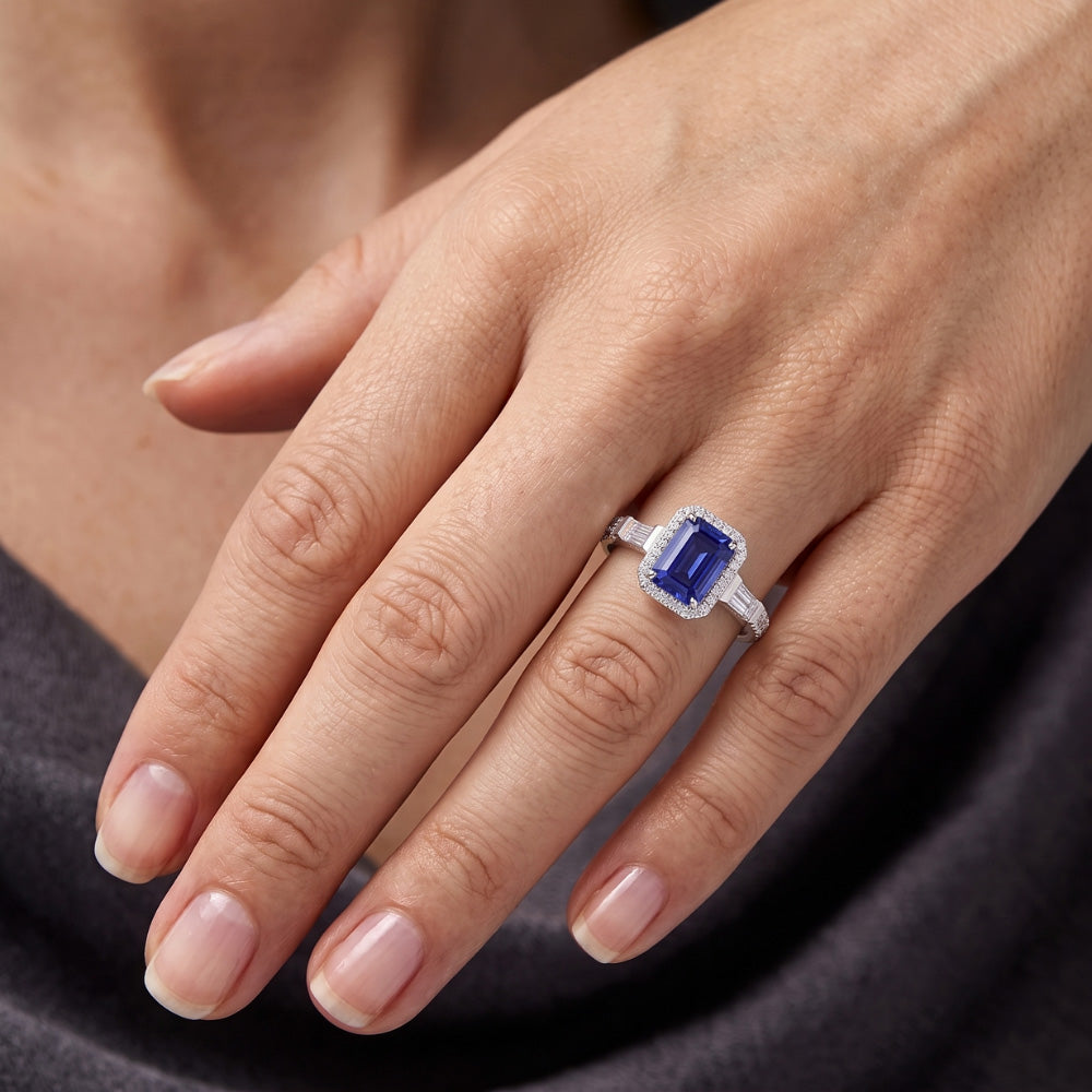 Blue Sapphire Halo Ring With Baguette & Round Natural Earth Mined Diamond ( Not Lab Grown )s 1.50 Carats
