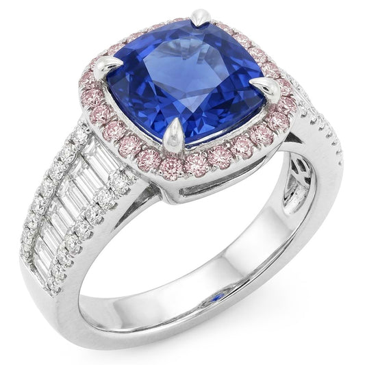 Blue Sapphire Halo Ring With Baguette & Round Natural Earth Mined Diamond ( Not Lab Grown )s 4.5 Carats