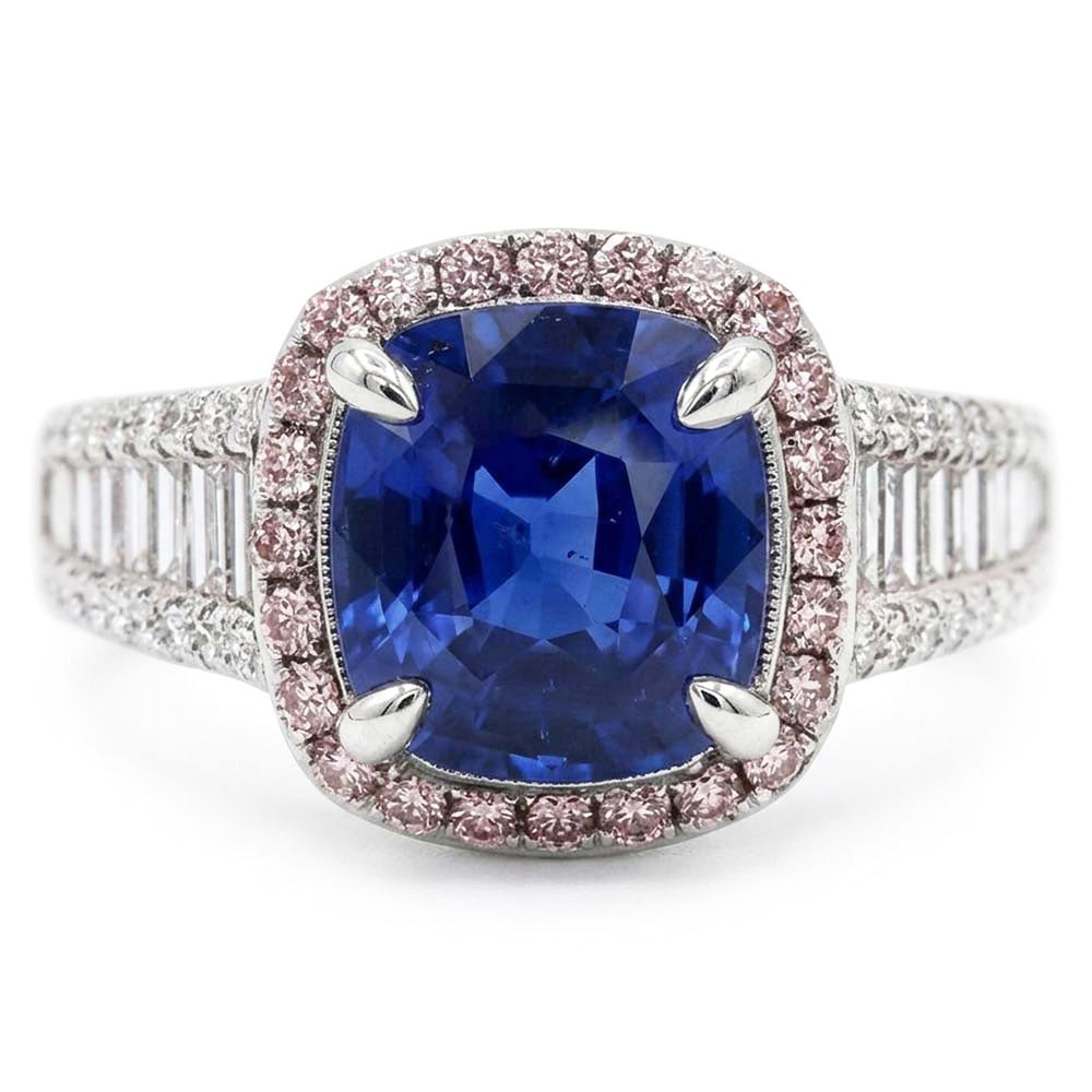 Blue Sapphire Halo Ring With Baguette & Round Natural Earth Mined Diamond ( Not Lab Grown )s 4.5 Carats