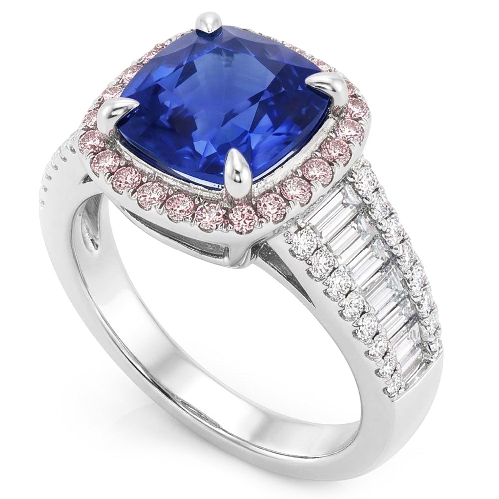 Blue Sapphire Halo Ring With Baguette & Round Natural Earth Mined Diamond ( Not Lab Grown )s 4.5 Carats