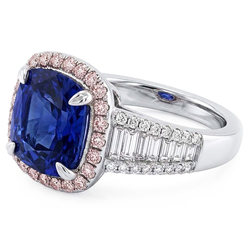 Blue Sapphire Halo Ring With Baguette & Round Natural Earth Mined Diamond ( Not Lab Grown )s 4.5 Carats