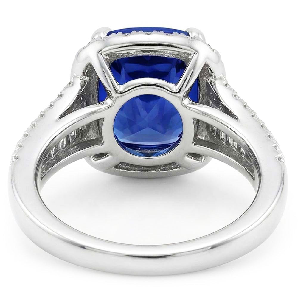 Blue Sapphire Halo Ring With Baguette & Round Natural Earth Mined Diamond ( Not Lab Grown )s 4.5 Carats