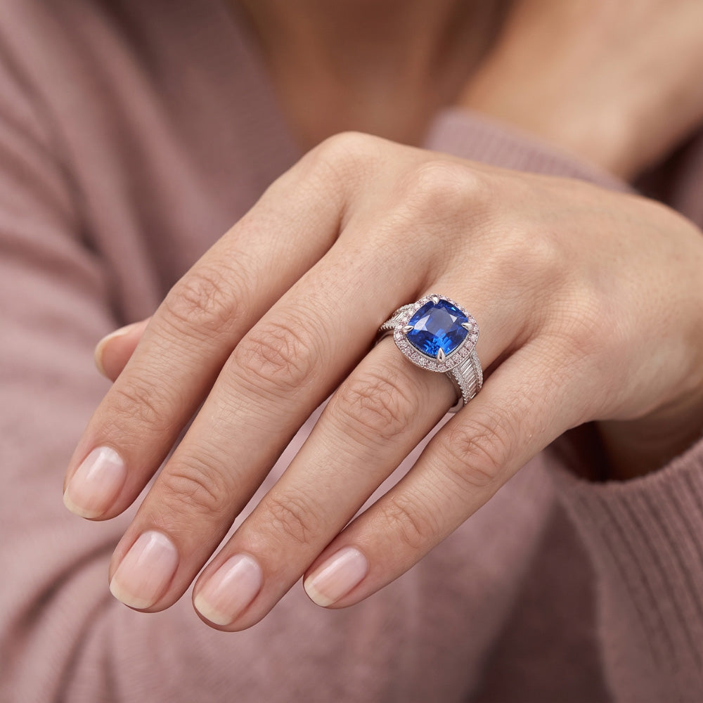 Blue Sapphire Halo Ring With Baguette & Round Natural Earth Mined Diamond ( Not Lab Grown )s 4.5 Carats
