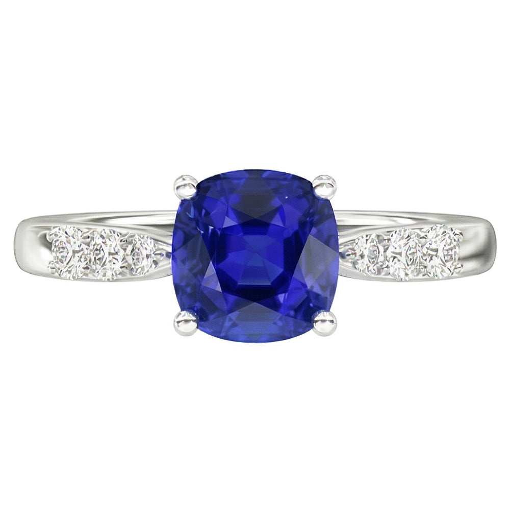 Blue Sapphire Natural Earth Mined Diamond ( Not Lab Grown ) Cushion Engagement Ring 2 Carats White Gold