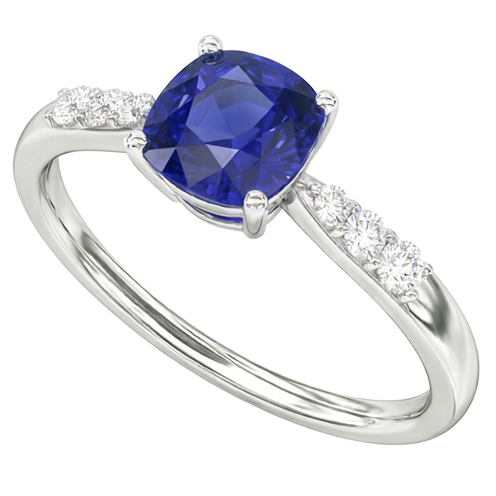 Blue Sapphire Natural Earth Mined Diamond ( Not Lab Grown ) Cushion Engagement Ring 2 Carats White Gold