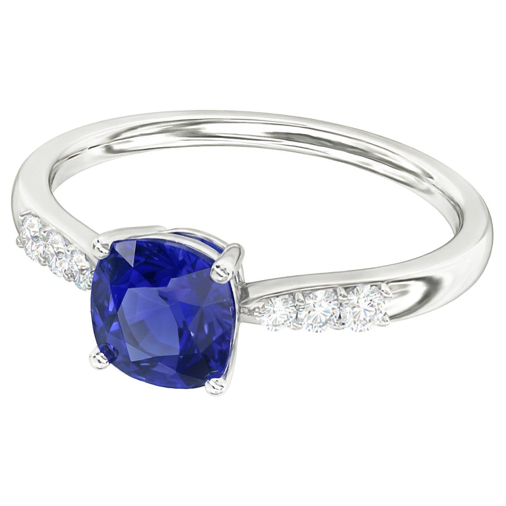 Blue Sapphire Natural Earth Mined Diamond ( Not Lab Grown ) Cushion Engagement Ring 2 Carats White Gold