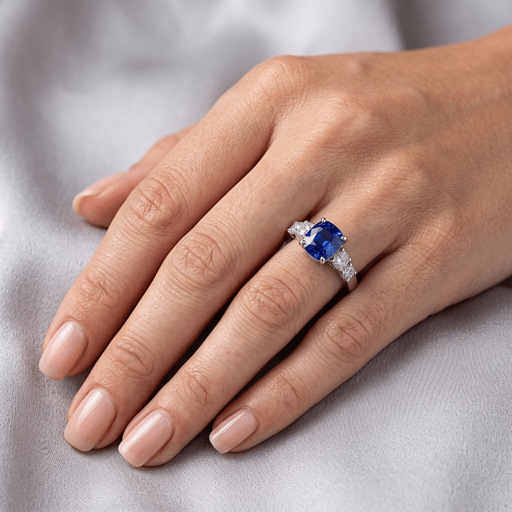 Blue Sapphire Natural Earth Mined Diamond ( Not Lab Grown ) Cushion Engagement Ring 2 Carats White Gold