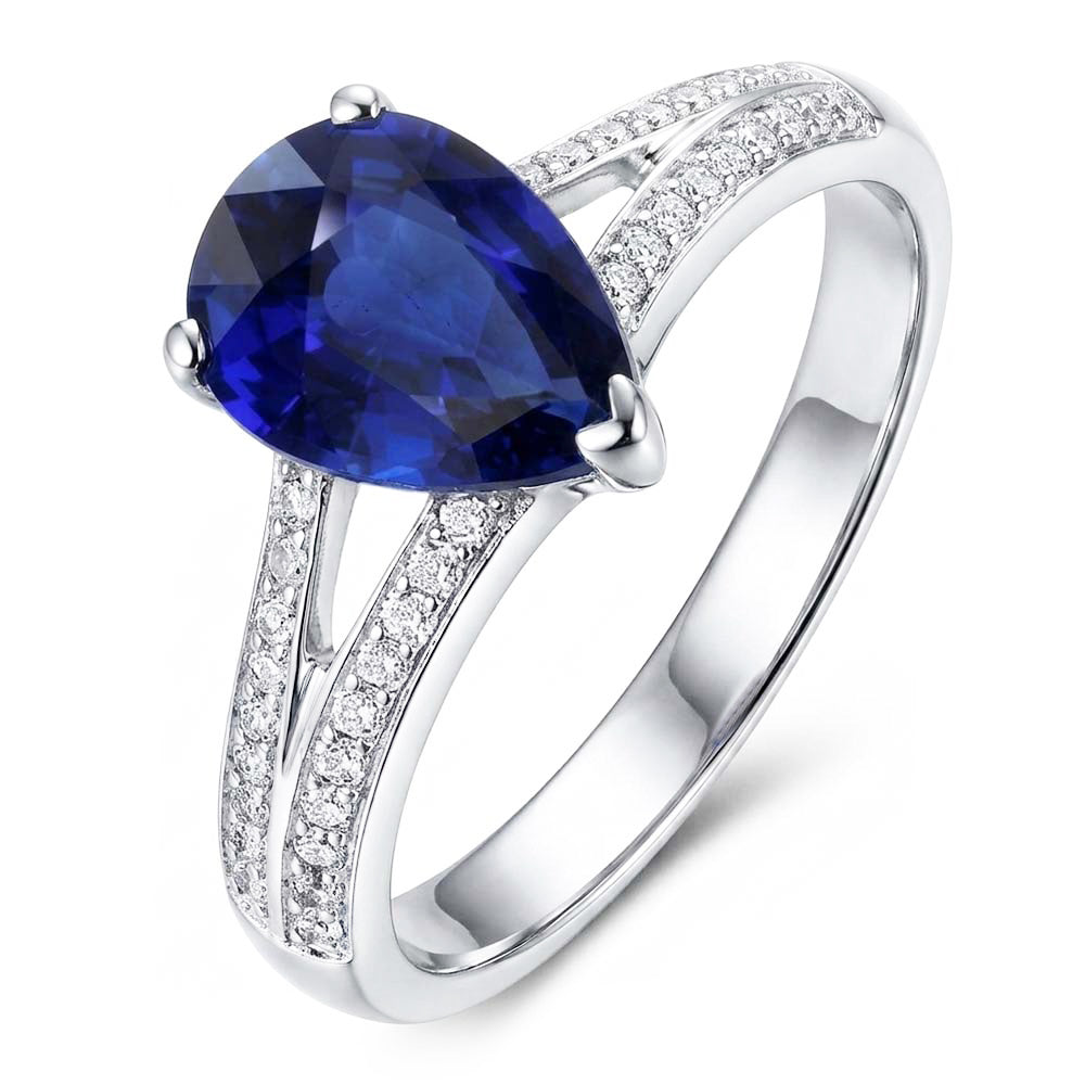 Blue Sapphire Natural Earth Mined Diamond ( Not Lab Grown ) Ring Split Shank 3 Carats White Gold 14K