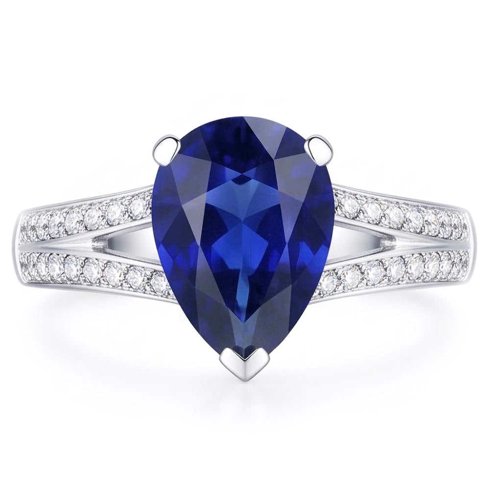 Blue Sapphire Natural Earth Mined Diamond ( Not Lab Grown ) Ring Split Shank 3 Carats White Gold 14K