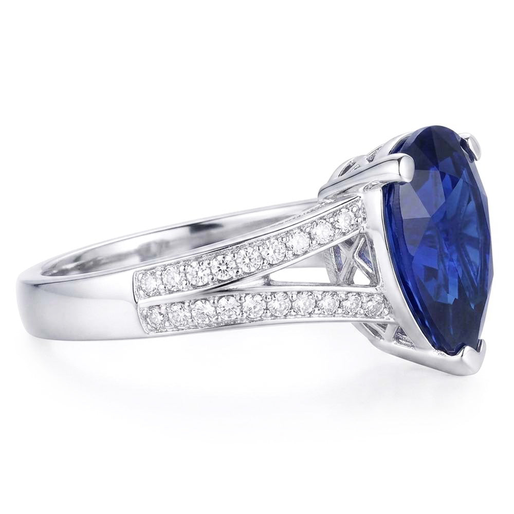 Blue Sapphire Natural Earth Mined Diamond ( Not Lab Grown ) Ring Split Shank 3 Carats White Gold 14K