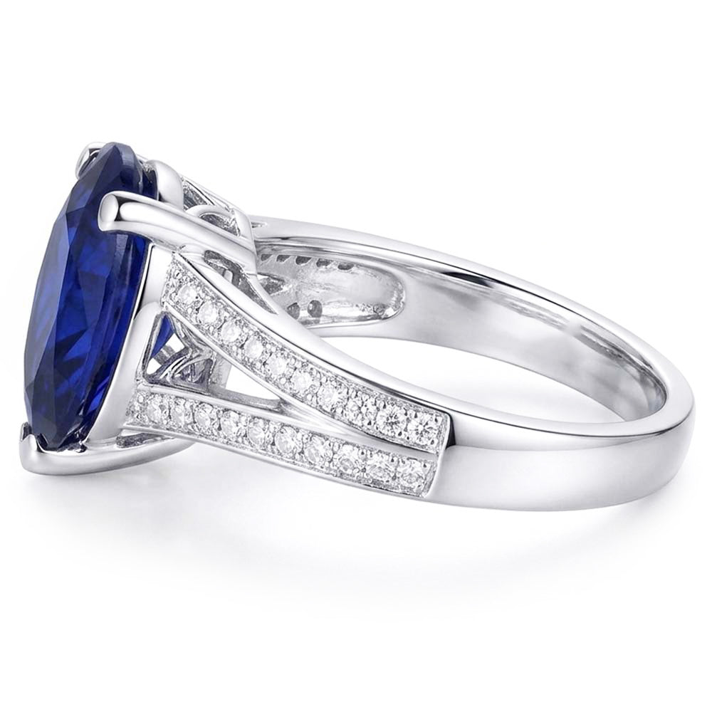 Blue Sapphire Natural Earth Mined Diamond ( Not Lab Grown ) Ring Split Shank 3 Carats White Gold 14K