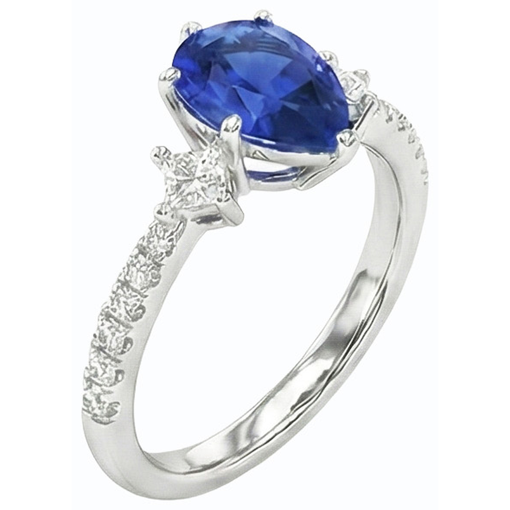 Blue Sapphire Ring SriLanka Three Stone Natural Earth Mined Diamond ( Not Lab Grown ) Accents Pear 3 Carats