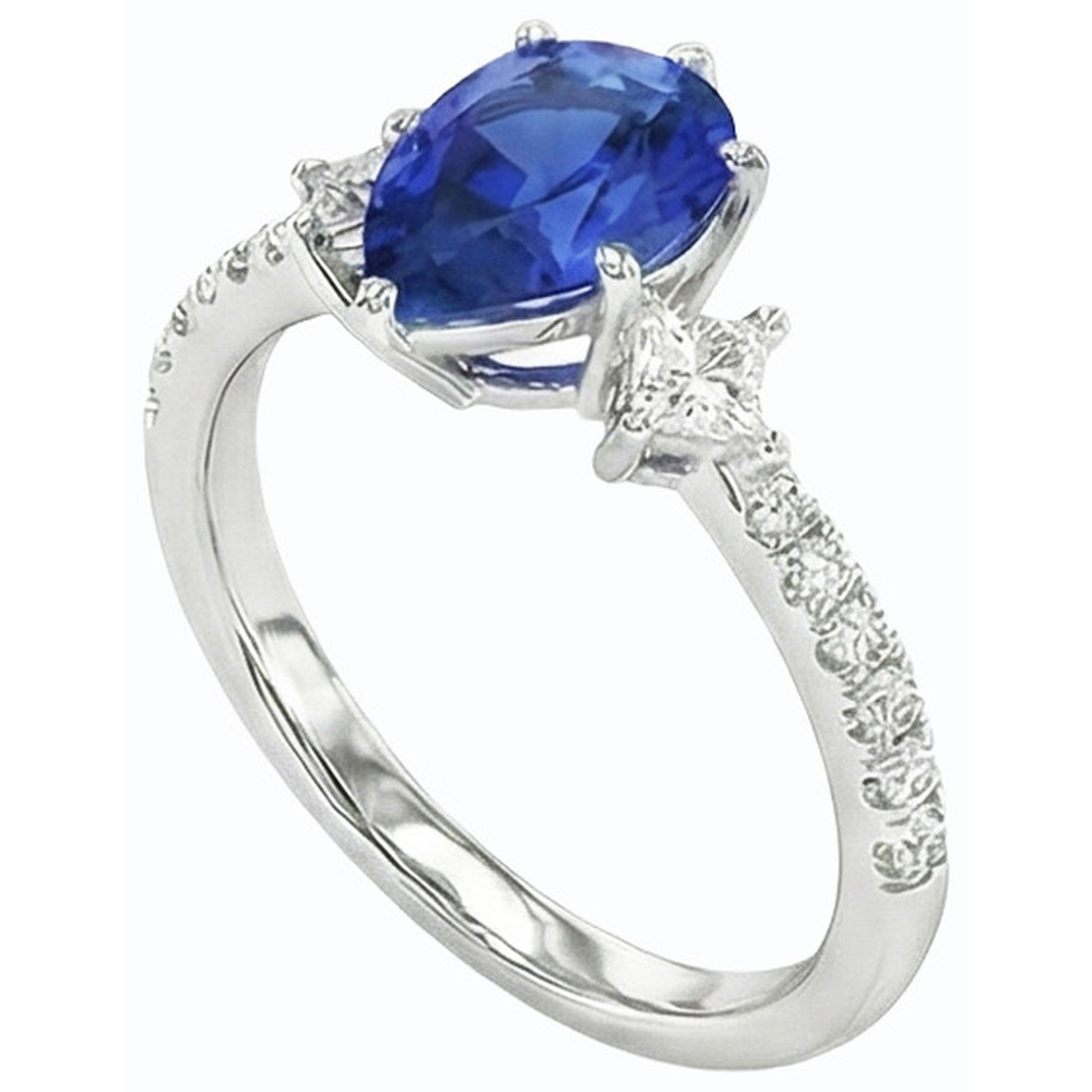 Blue Sapphire Ring SriLanka Three Stone Natural Earth Mined Diamond ( Not Lab Grown ) Accents Pear 3 Carats