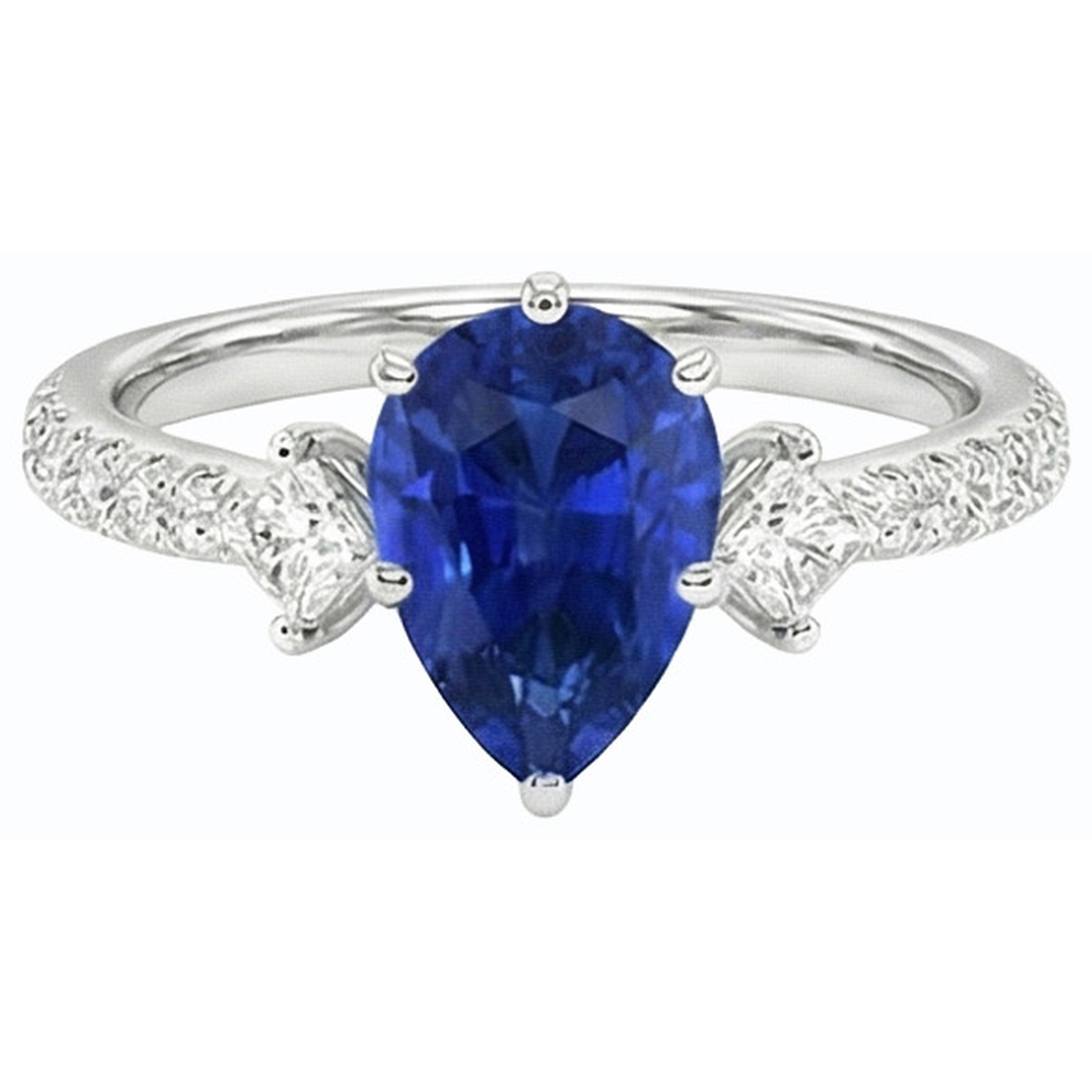 Blue Sapphire Ring SriLanka Three Stone Natural Earth Mined Diamond ( Not Lab Grown ) Accents Pear 3 Carats