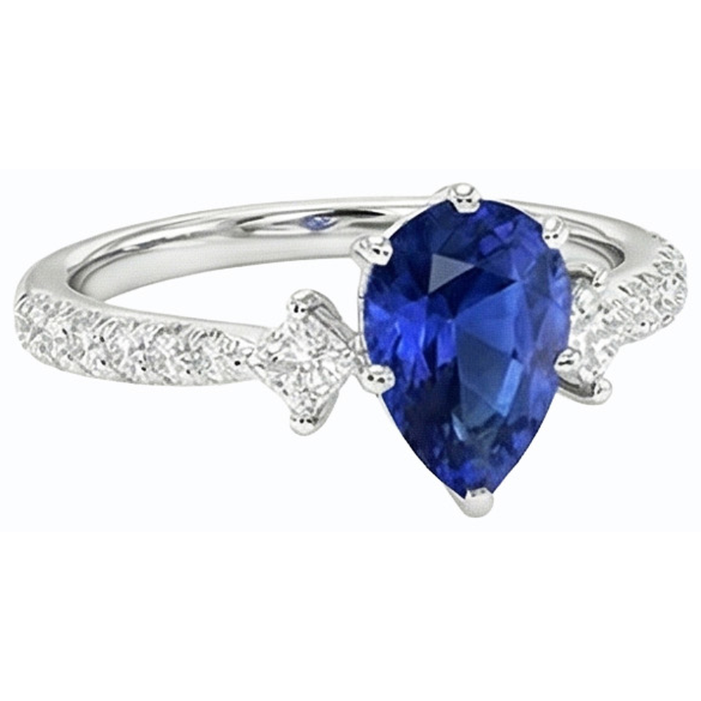 Blue Sapphire Ring SriLanka Three Stone Natural Earth Mined Diamond ( Not Lab Grown ) Accents Pear 3 Carats