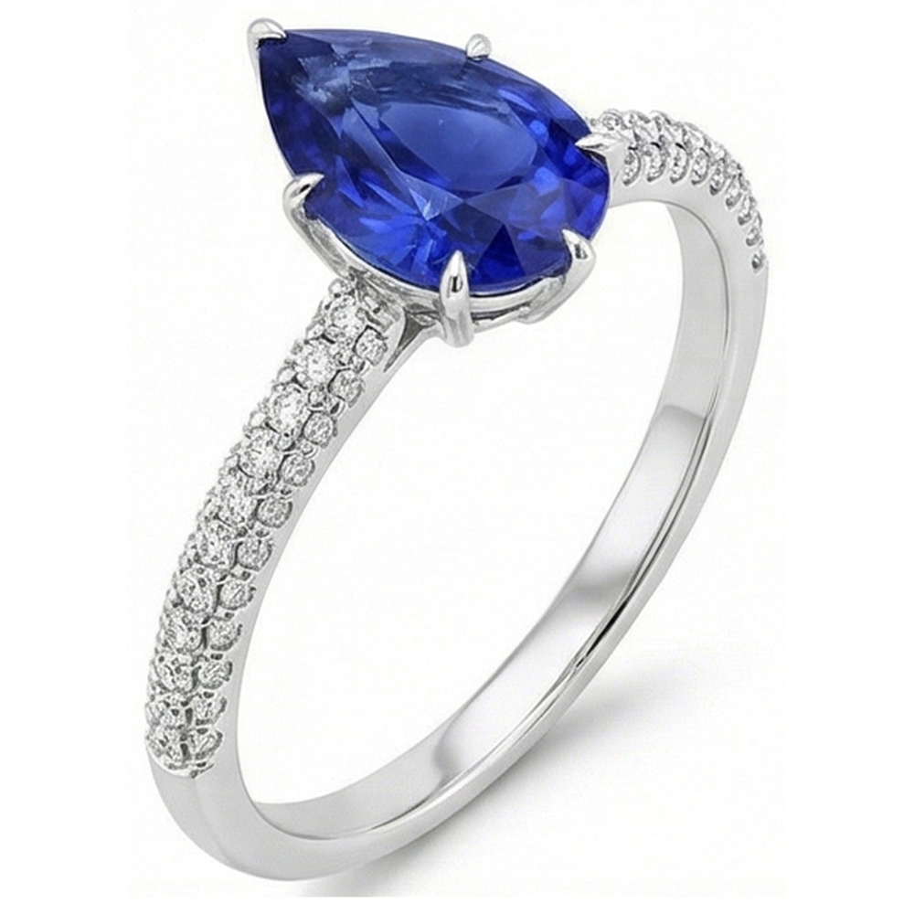 Blue Sapphire Ring With Natural Earth Mined Diamond Accents Pear Cut Gemstone 5 Carats