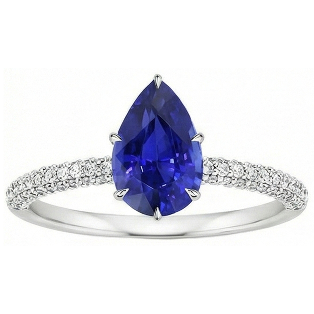 Blue Sapphire Ring With Natural Earth Mined Diamond Accents Pear Cut Gemstone 5 Carats