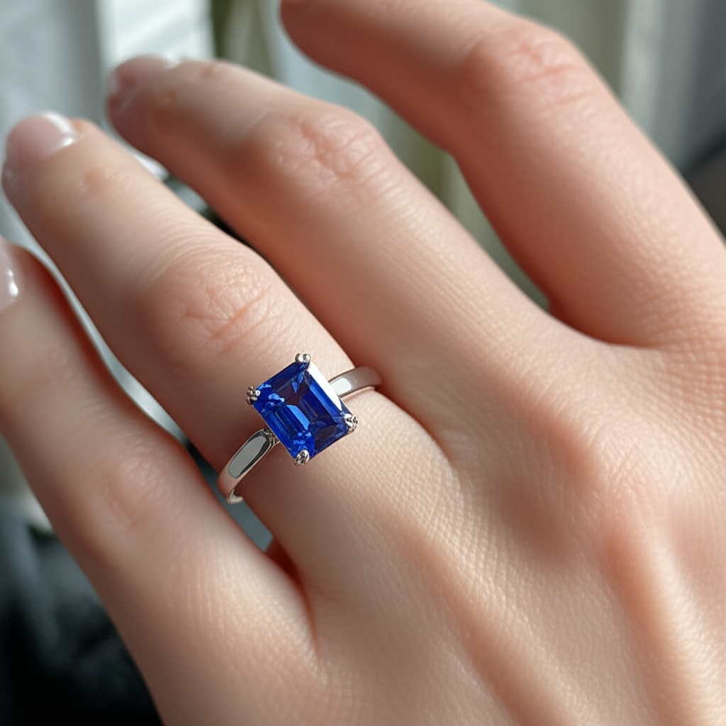 Blue Sapphire Solitaire Engagement Emerald Ring 2 Carats Prong Set