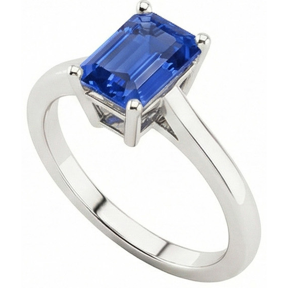 Blue Sapphire Solitaire Ring 2 Carats Basket Set Emerald Cut Jewelry