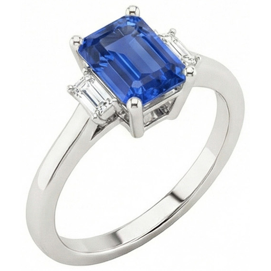 Blue Sapphire Solitaire Ring 2 Carats Basket Set Emerald Cut Jewelry