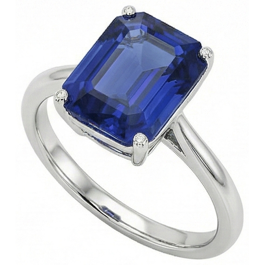 Blue Sapphire Solitaire Ring Emerald Cut 1.50 Carats White Gold