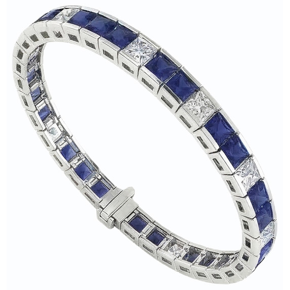Blue Sapphire Tennis Bracelet Princess Cut 25 Carats White Gold 14K