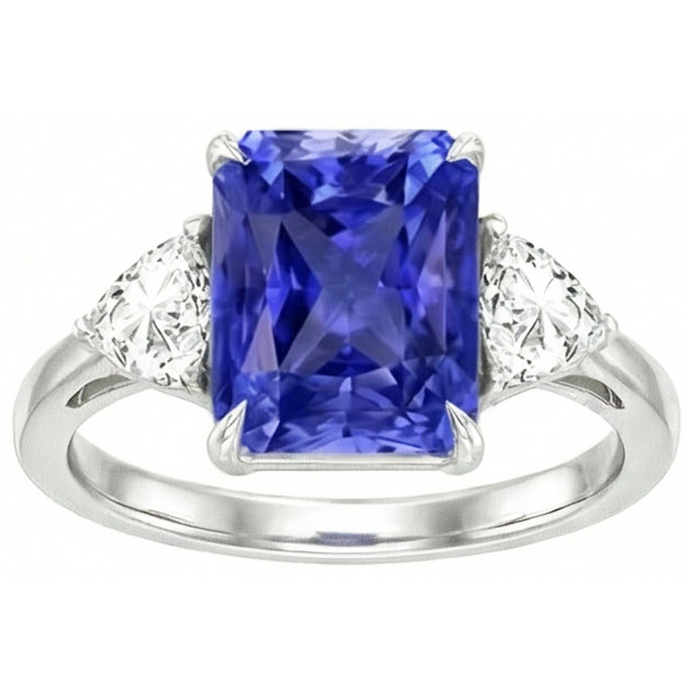 Blue Sapphire Trilliant Natural Earth Mined Diamond ( Not Lab Grown ) 3 Stone Ring 3 Carats Trellis Setting