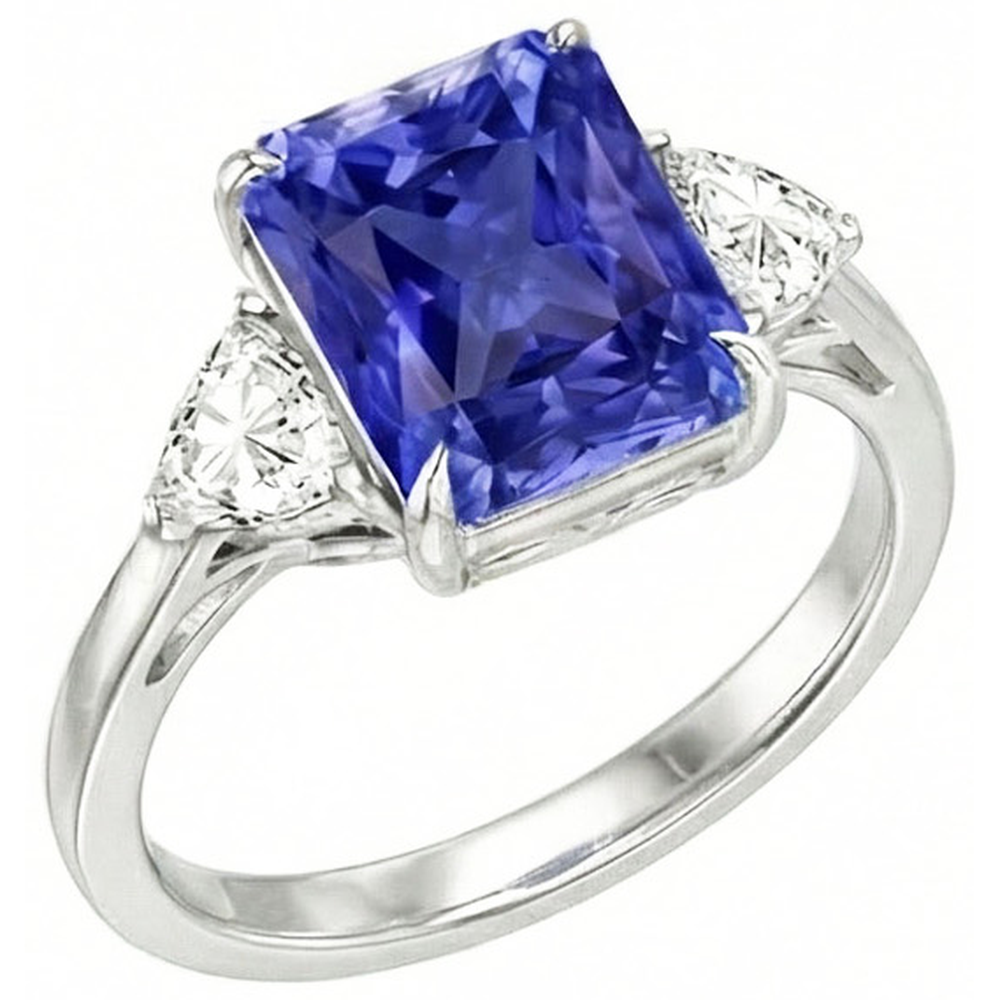 Blue Sapphire Trilliant Natural Earth Mined Diamond ( Not Lab Grown ) 3 Stone Ring 3 Carats Trellis Setting