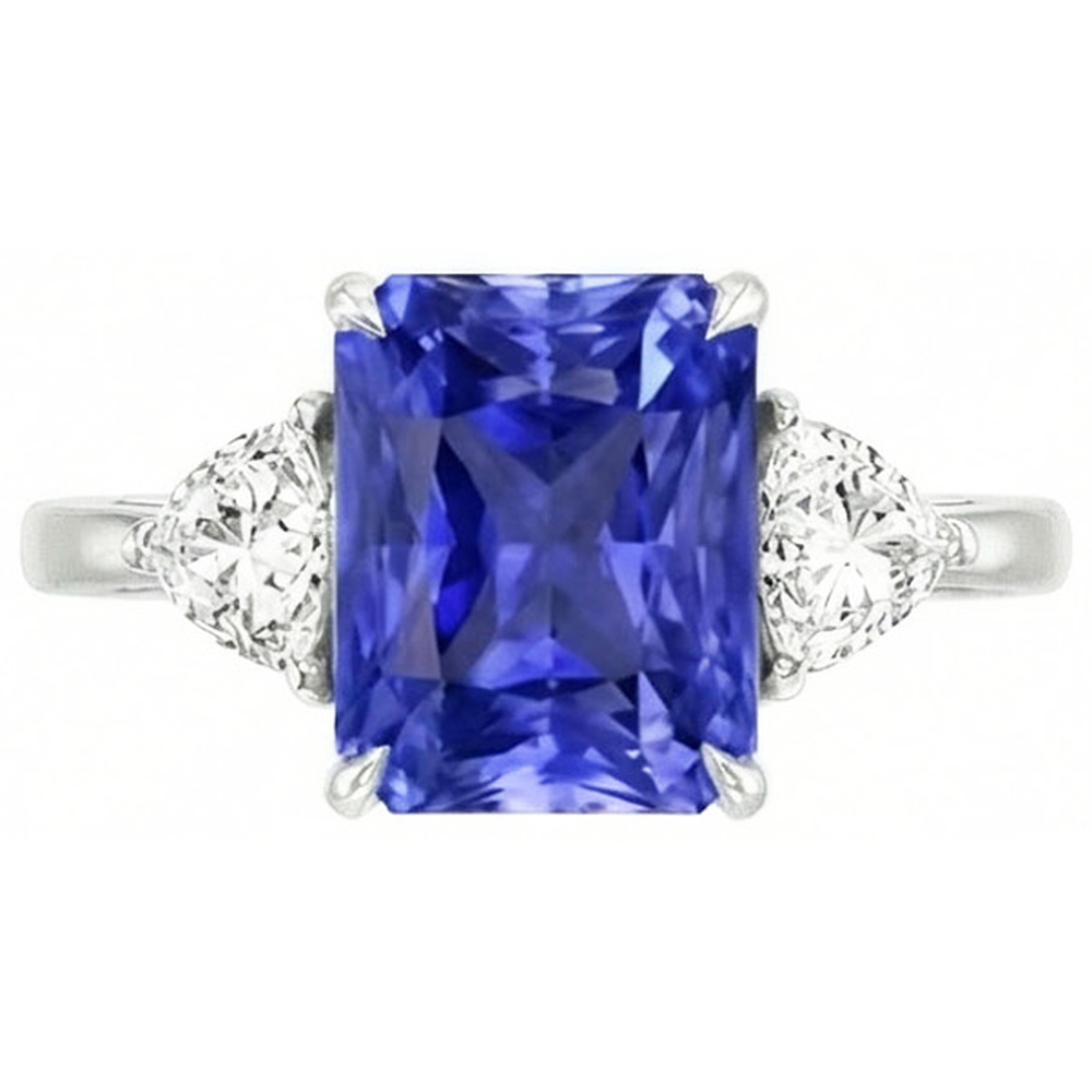 Blue Sapphire Trilliant Natural Earth Mined Diamond ( Not Lab Grown ) 3 Stone Ring 3 Carats Trellis Setting