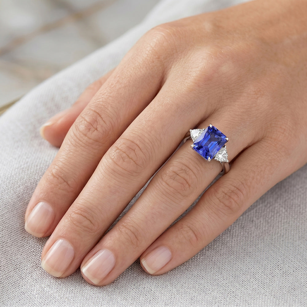 Blue Sapphire Trilliant Natural Earth Mined Diamond ( Not Lab Grown ) 3 Stone Ring 3 Carats Trellis Setting