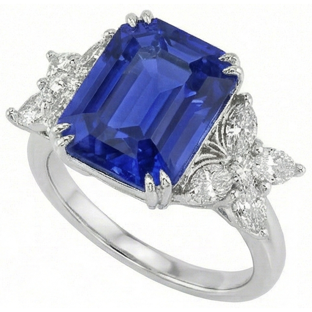 Blue Sapphire Wedding Ring Emerald Butterfly Style Natural Earth Mined Diamond ( Not Lab Grown )s 3 Carats