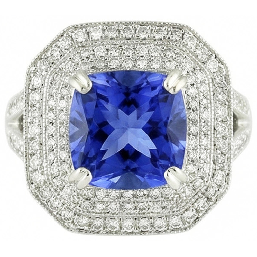Blue Sapphire With Natural Earth Mined Diamond ( Not Lab Grown ) Halo Ring