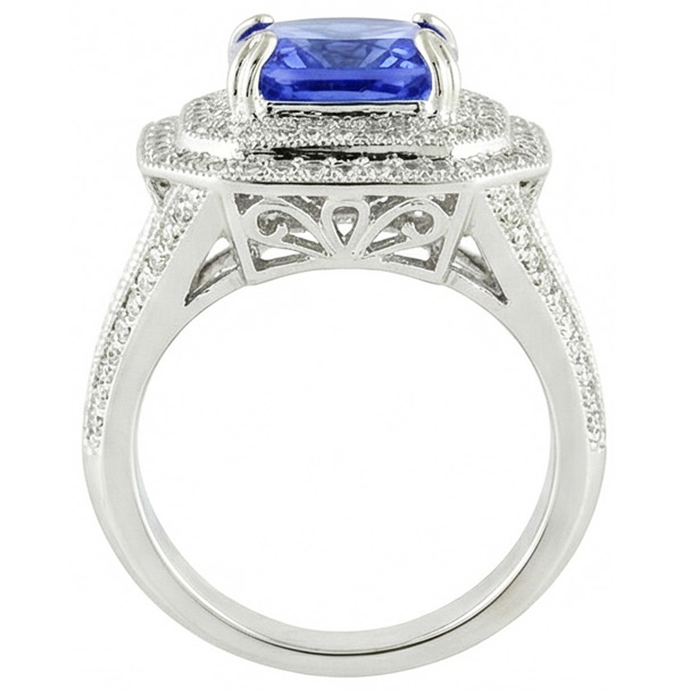 Blue Sapphire With Natural Earth Mined Diamond ( Not Lab Grown ) Halo Ring