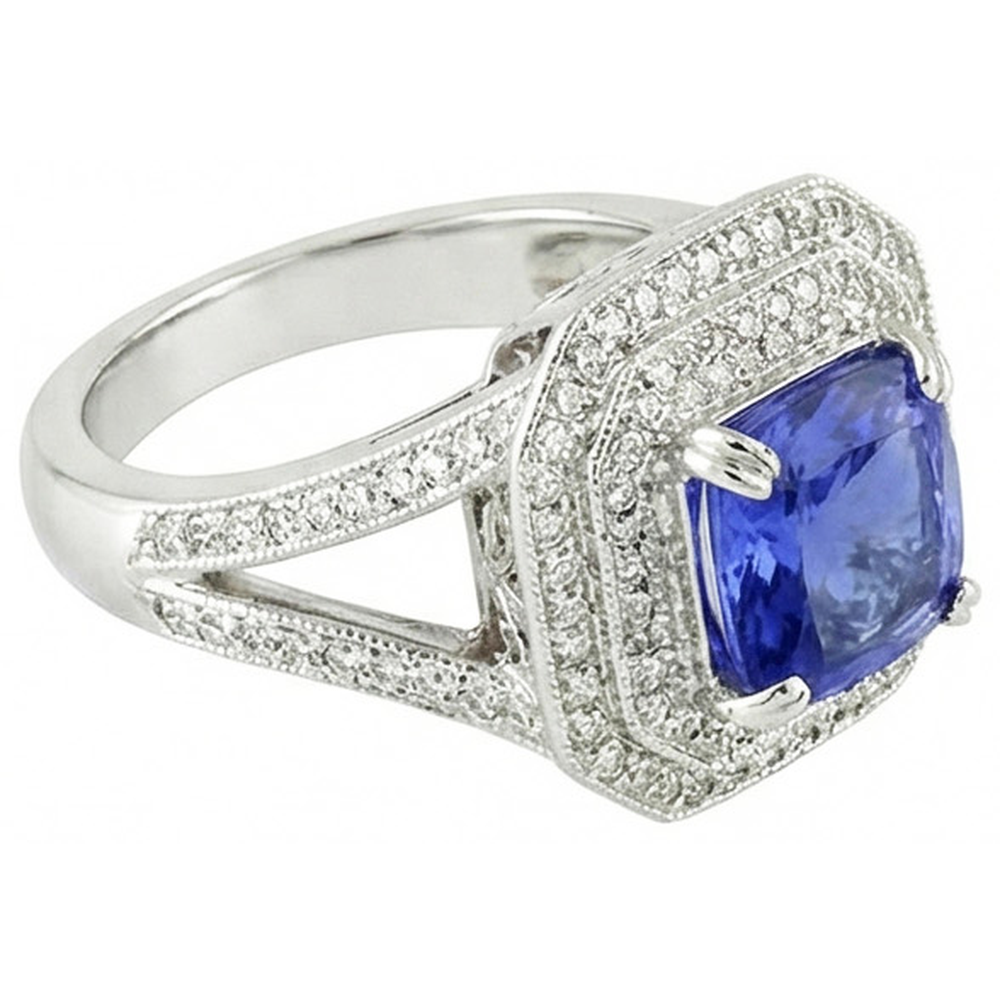 Blue Sapphire With Natural Earth Mined Diamond ( Not Lab Grown ) Halo Ring