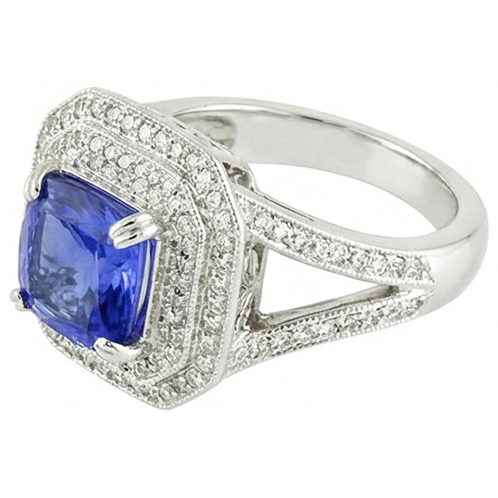 Blue Sapphire With Natural Earth Mined Diamond ( Not Lab Grown ) Halo Ring