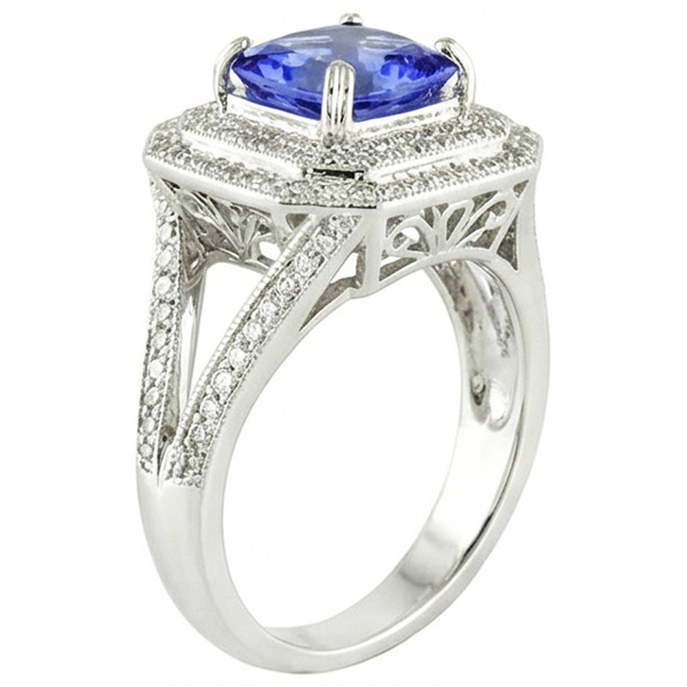 Blue Sapphire With Natural Earth Mined Diamond ( Not Lab Grown ) Halo Ring
