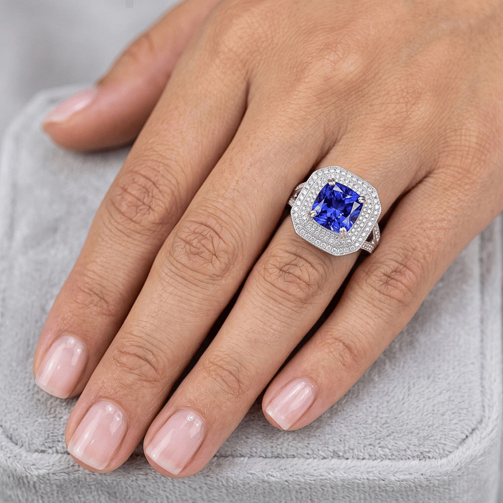 Blue Sapphire With Natural Earth Mined Diamond ( Not Lab Grown ) Halo Ring
