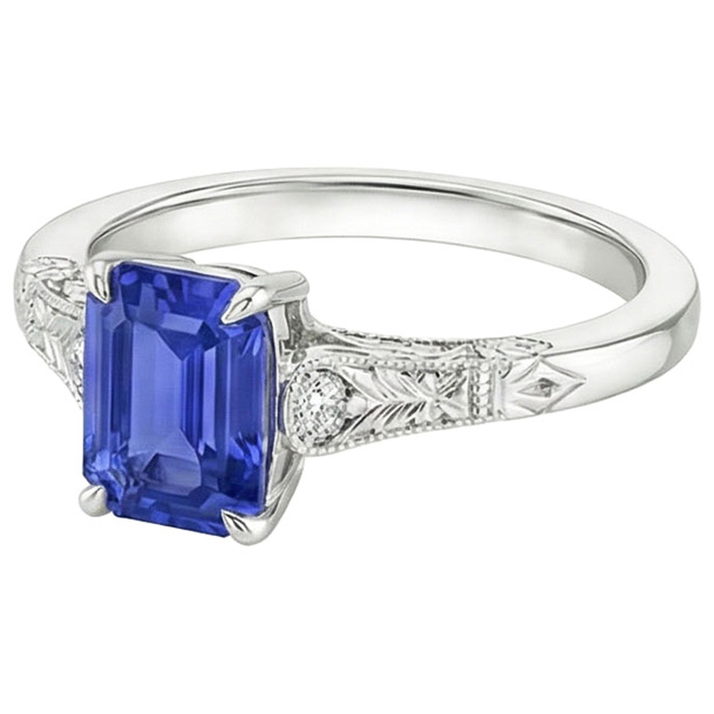 Blue Sapphire & Natural Earth Mined Diamond ( Not Lab Grown ) 3 Stones Ring 3.25 Carats Emerald Cut