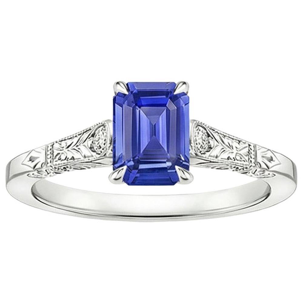 Blue Sapphire & Natural Earth Mined Diamond ( Not Lab Grown ) 3 Stones Ring 3.25 Carats Emerald Cut