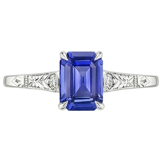Blue Sapphire & Natural Earth Mined Diamond ( Not Lab Grown ) 3 Stones Ring 3.25 Carats Emerald Cut