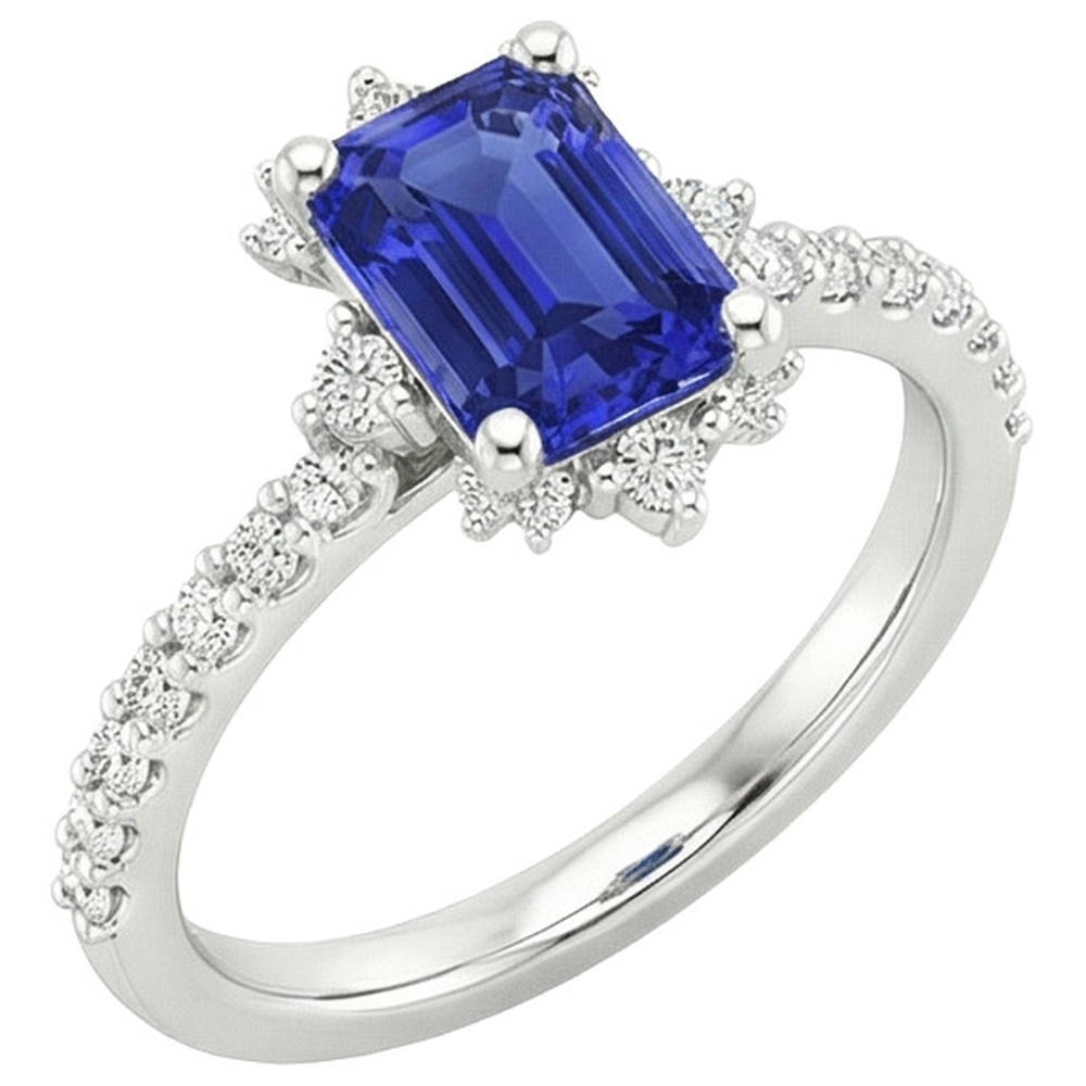 Blue Sapphire & Natural Earth Mined Diamond ( Not Lab Grown ) Ring 4.25 Carat Emerald Solitaire With Accents