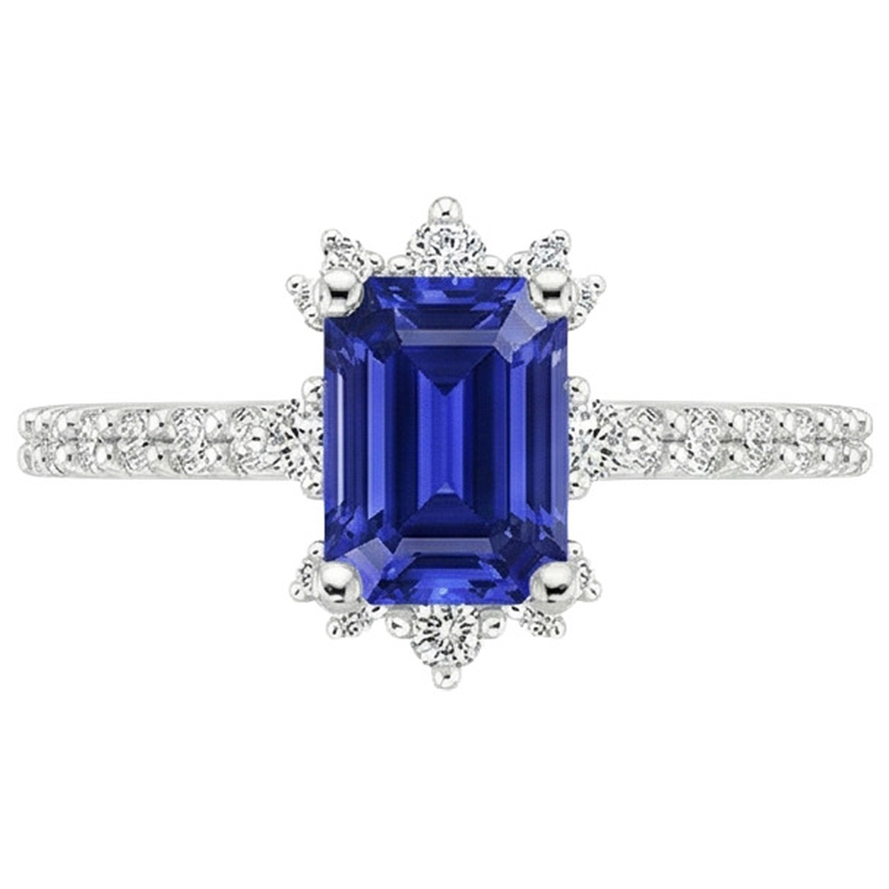 Blue Sapphire & Natural Earth Mined Diamond ( Not Lab Grown ) Ring 4.25 Carat Emerald Solitaire With Accents