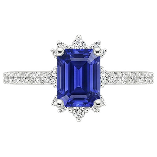Blue Sapphire & Natural Earth Mined Diamond ( Not Lab Grown ) Ring 4.25 Carat Emerald Solitaire With Accents