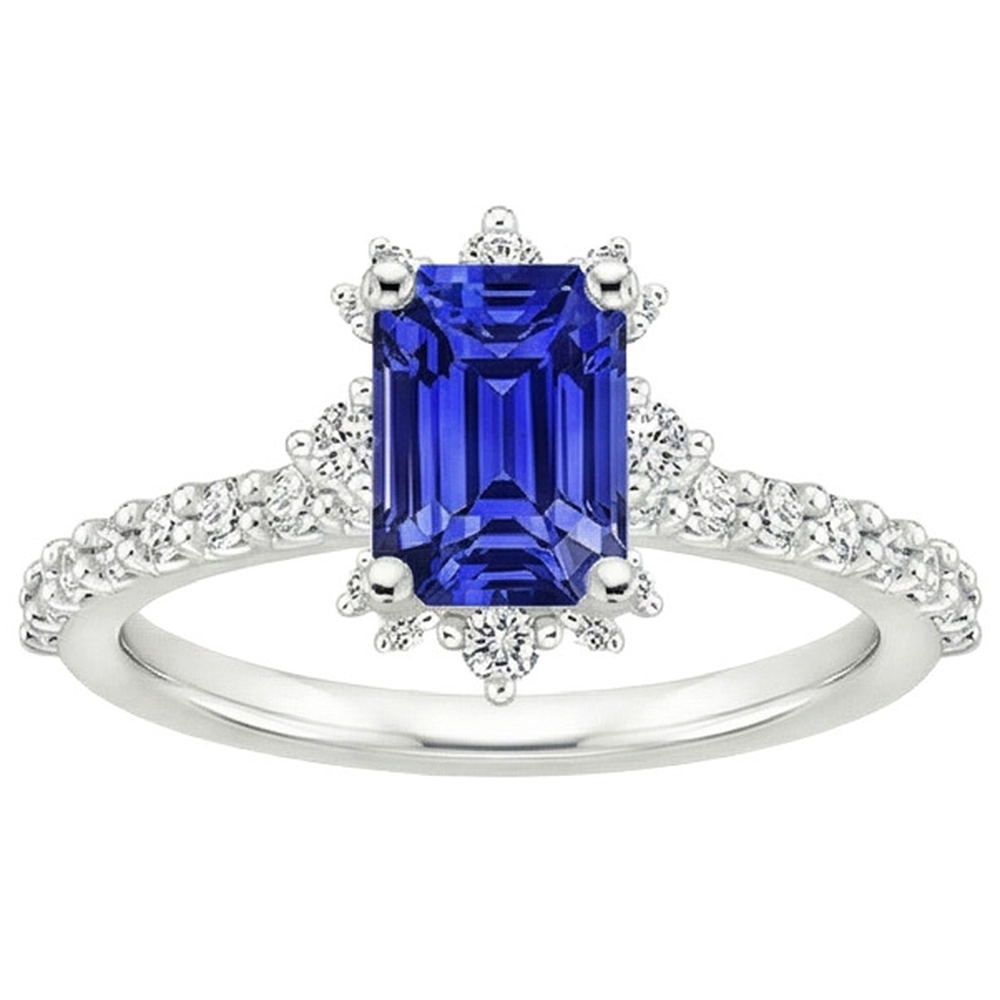Blue Sapphire & Natural Earth Mined Diamond ( Not Lab Grown ) Ring 4.25 Carat Emerald Solitaire With Accents