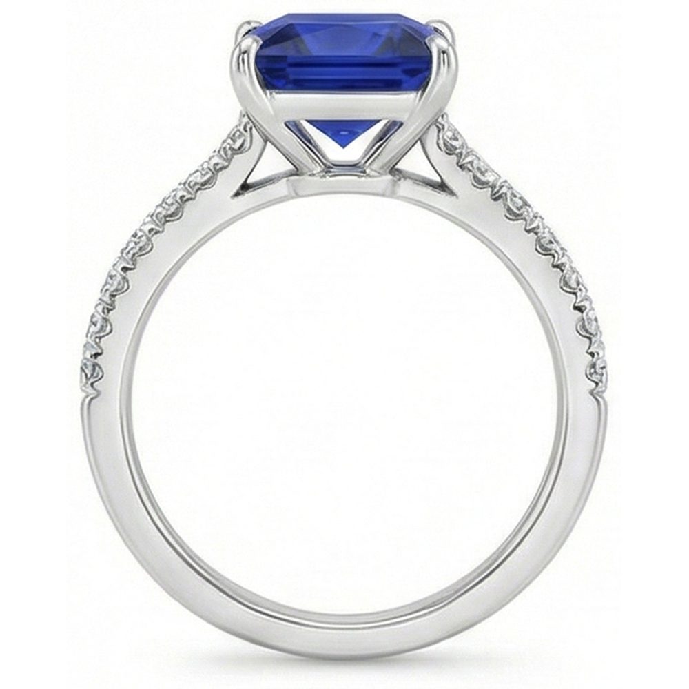 Blue Sapphire & Natural Earth Mined Diamond ( Not Lab Grown ) Solitaire Accents Ring 5.50 Carat Princess Cut